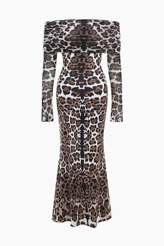 Year-End Clearance Leopard Print Mesh Off Shoulder Long Sleeve Maxi Dress