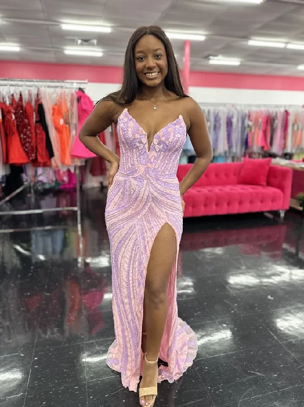 Discount Deals Ashley Lauren 11236 Size 0,2,4,6,12 Lilac Pink Prom Dress Long Pageant Gown Fitted V Neck Slit Beaded Sequin