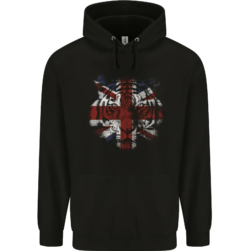 Act Fast Union Jack Tiger Great Britain Flag UK Mens 80% Cotton Hoodie