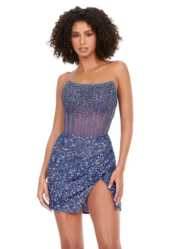 Amazing Deals Ashley Lauren 4564 Size 14 Periwinkle Beaded Cocktail Dress with Exposed Boning Sheer Short Wrap Skirt