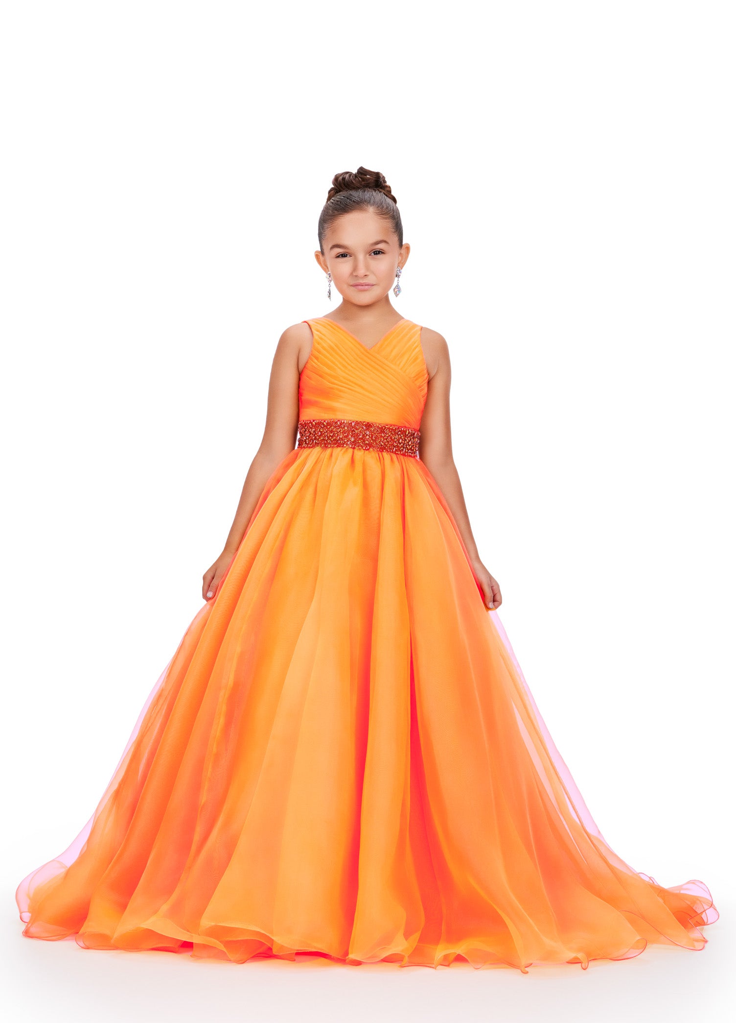 Flash Sale Ashley Lauren Kids 8249 Size 8 Orange Girls Organza A Line Pageant Dress Ballgown V Neck Crystal Belt