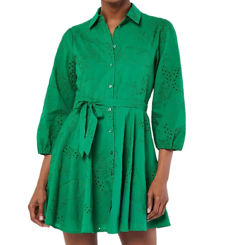 Limited Quantity Tropical Embroidery Swing Long Sleeve Dress In Green