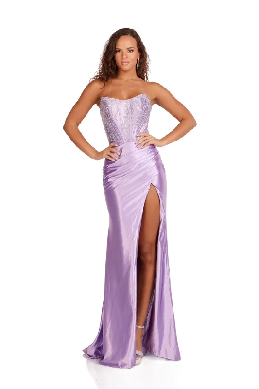 Reduced Prices Abby Paris 90255 Size 0 Lilac Crystal Corset Prom Dress Fitted Ruched Maxi Slit Formal Gown Strapless
