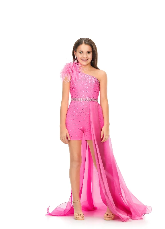 Unbeatable Prices Ashley Lauren Kids 8177 Girls One Shoulder Romper Feathers and Side overskirt