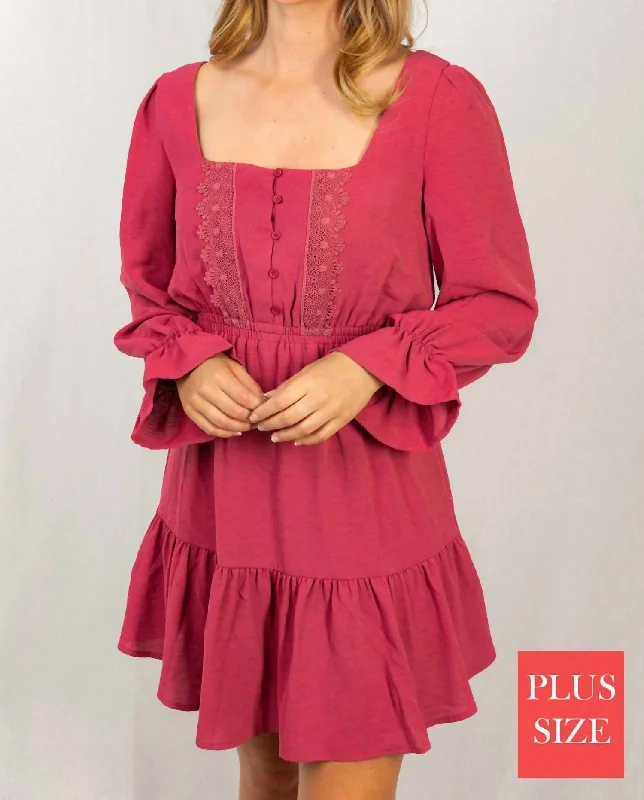 Big Savings Long Poet Sleeve Solid Lace Trim Dress In Mauve