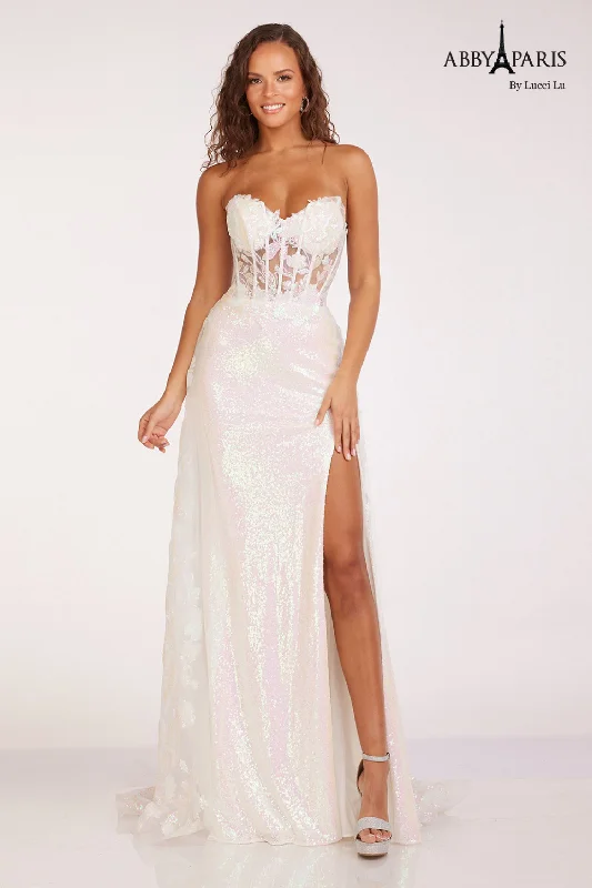 Big Discounts Abby Paris 90229 Size 8 White Sheer Corset Sequin Prom Dress Overskirt Pageant Gown Slit