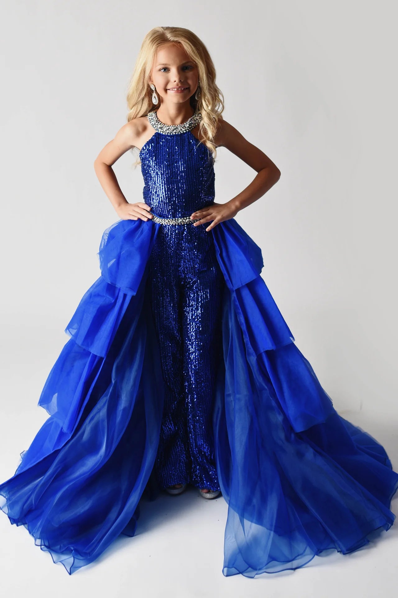 Price Cut Ava Presley 38037 Long Girls Sequin Jumpsuit Ruffle Layered Overskirt Pageant Fun Fashion