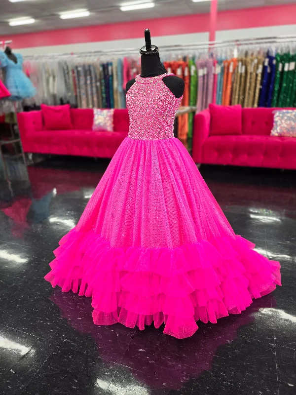 Don't Miss Tiffany Princess 13795 Size 6 Neon Pink Ruffle Skirt Girls Pageant Dress Crystal High Neck Backless Corset