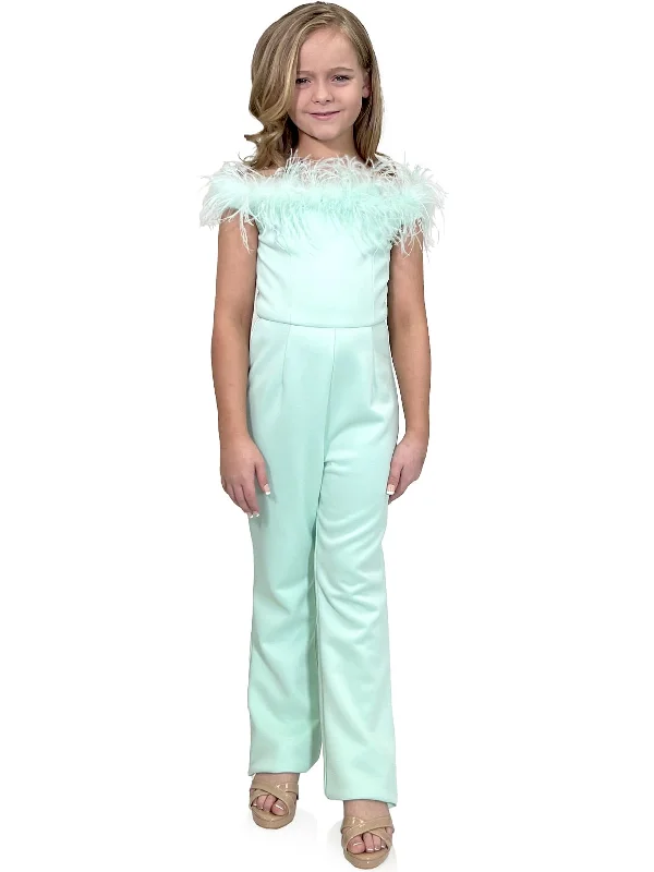 Don't Wait Marc Defang 8185K Size 12 Mint Girls Pageant Jumpsuit feather neck line off the shoulder