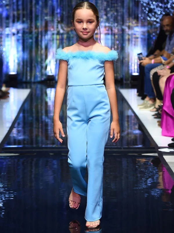 Epic Deals Marc Defang 8185K Girls Pageant Jumpsuit feather neckline off the shoulder