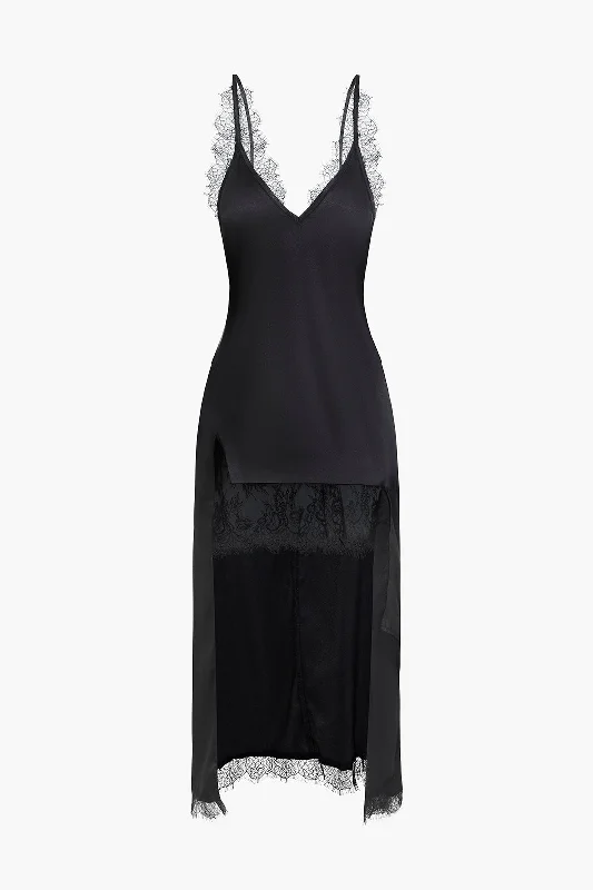 Closeout Solid Asymmetrical Lace V-Neck Maxi Dress