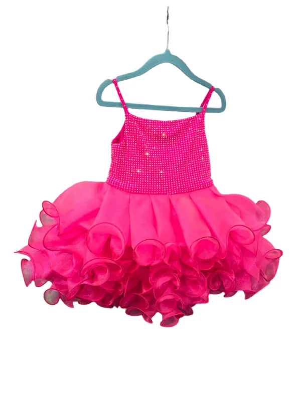 Warehouse Sale Marc Defang 5144 Size 2T Neon Pink Short Crystal Cupcake Pageant Dress Layered Ruffle Girls Baby Kids Gown