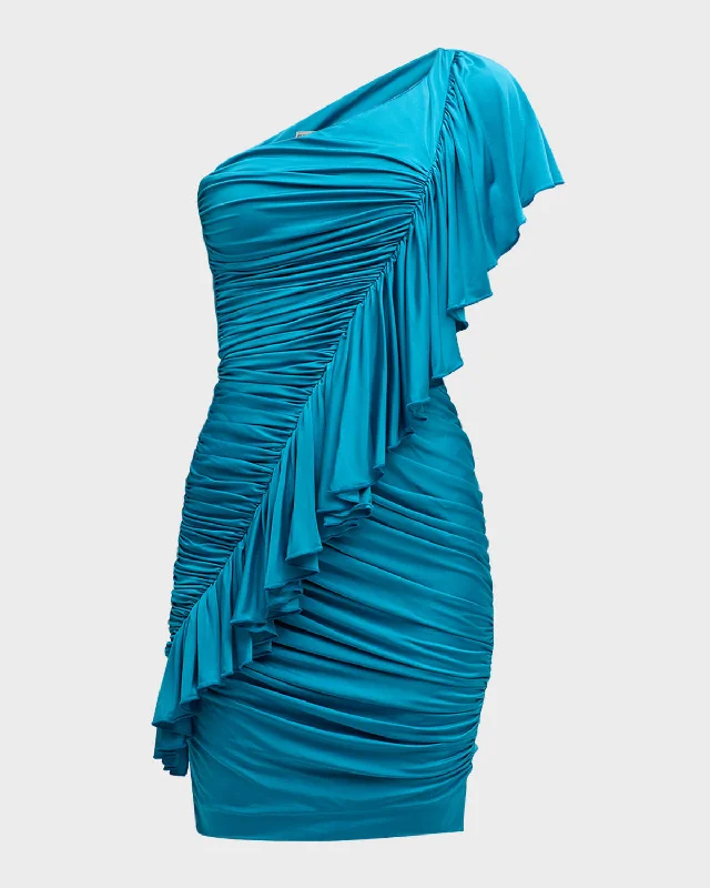 Price Smash Ruched One-Shoulder Ruffle Mini Dress