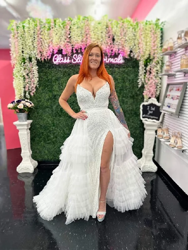 Take Advantage Ashley Lauren 11236 Size 6, 14 IVORY Dress Long Fitted V Neck Slit Beaded Sequin Prom Dress Pageant Gown
