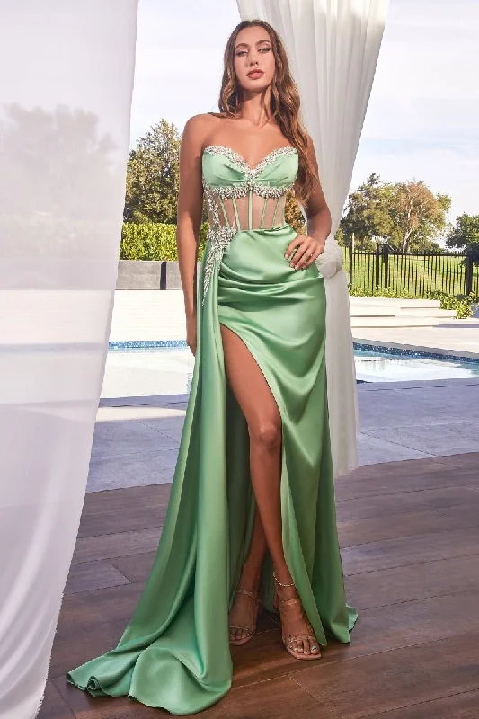 One-DAY Sale Ladivine CD343 Size 4,6,8,10 SAGE Sheer Corset Satin Slit Prom Dress Crystal V Neck Strapless Gown Overskirt