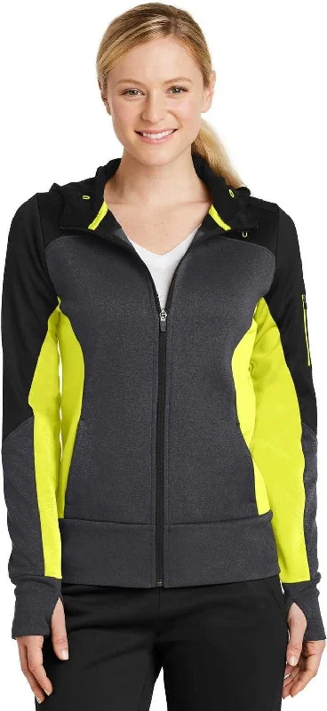 Final Clearance Sport-Tek LST245 Ladies Tech Fleece Colorblock Full-Zip Hooded Jacket - Black Graphite Heather Citron
