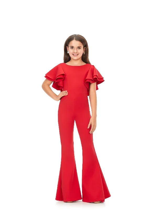 Clearance Items Ashley Lauren Kids 8156 Girls Crew neck jumpsuit with ruffle sleeves