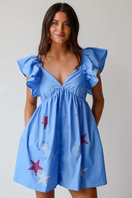 Closeout FINAL SALE - Summer Spirit Blue Rhinestone Star Romper
