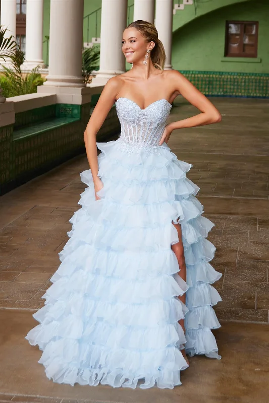 Exclusive Access Nox Anabel R1688 Size 2, 14 Light Blue Lace Corset Ruffle A Line Prom Dress Maxi Slit Layered ballgown Formal Strapless