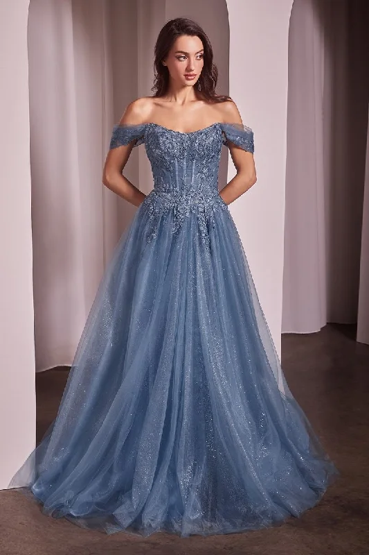 Deal Mania Ladivine CD799 Size 10 Smoky Blue Tulle A Line Shimmer Dress Formal Off the Shoulder Ballgown Lace Bodice