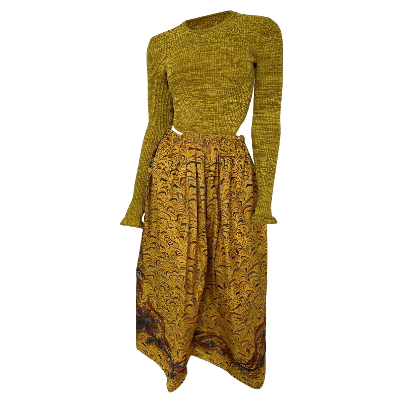 Weekend Special Ulla Johnson Marcellina Cutout Ribbed-Knit Printed Taffeta Midi Dress In Yellow Polyester