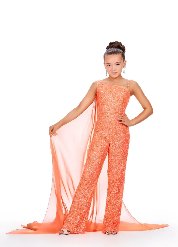 Deal Dash Ashley Lauren Kids 8191 Size 6 Coral Girls Beaded Jumpsuit cape Sequin One Shoulder Pageant Wear