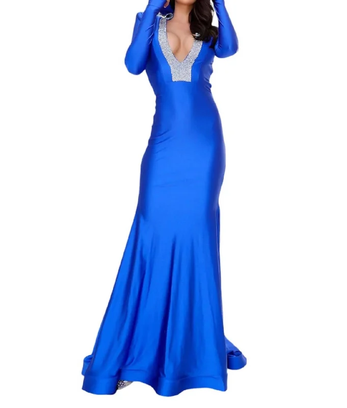 Exclusive Offers Plunging V-Neck Jersey Long Gown In Royal Blue