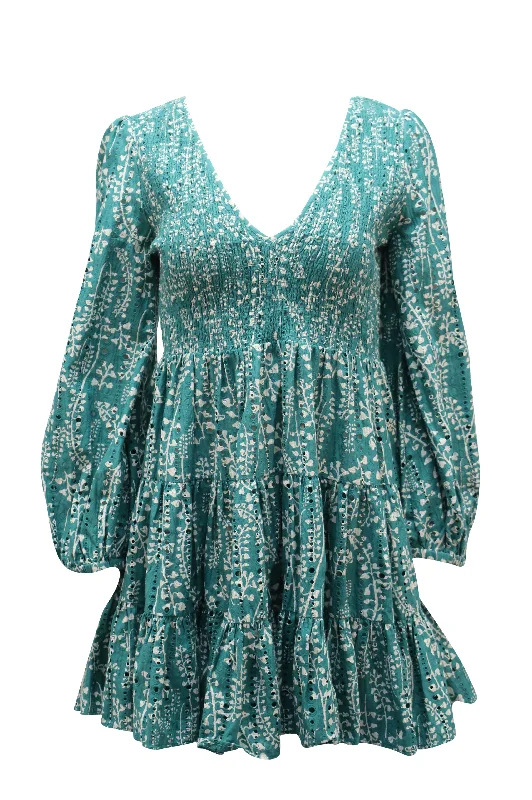 Super Savings Rixo Sasha Long Sleeve Mini Dress in Green Cotton