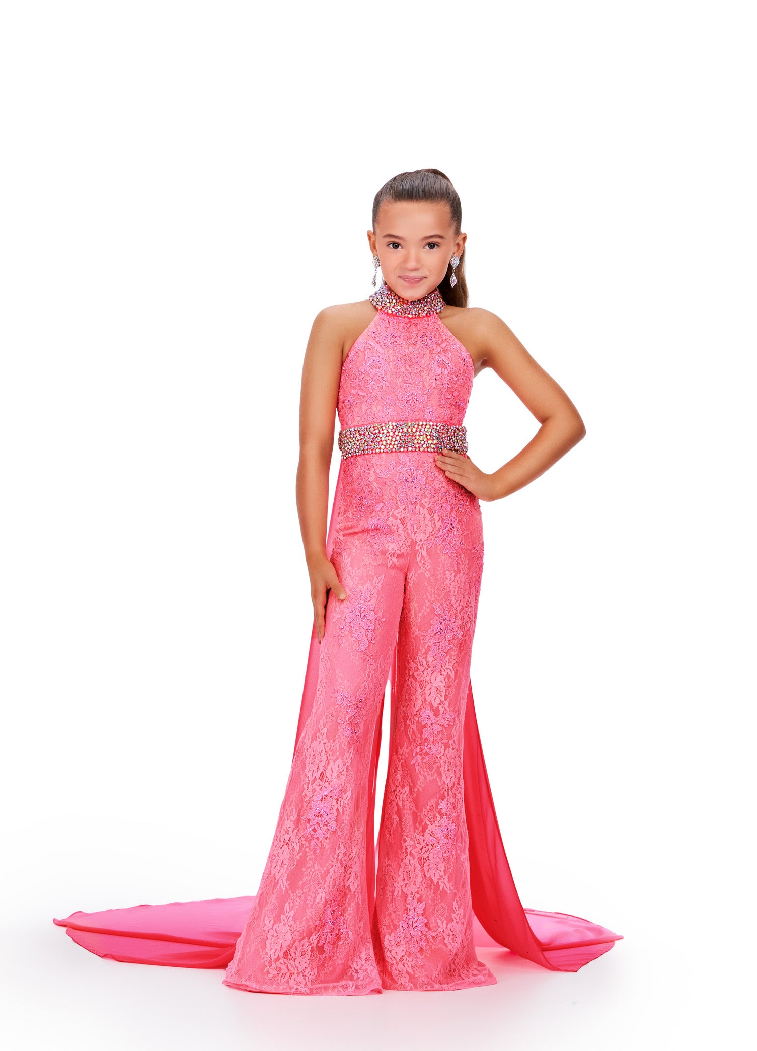 Act Now Ashley Lauren Kids 8225 Size 16 Pink Girls Lace Crystal Jumpsuit Cape Bell Bottom Pageant Fun Fashion Wear