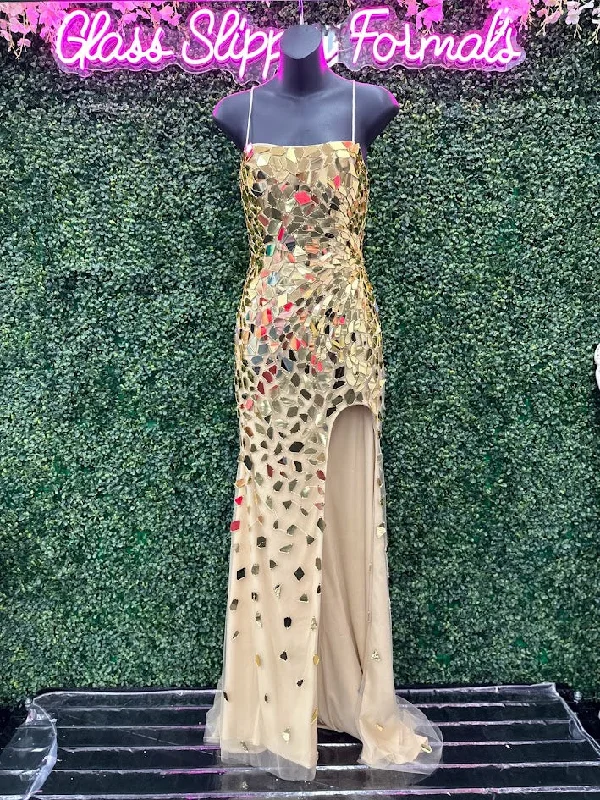 Price Cut Cecilia Couture 1595 Size 0 Gold Cut Glass Backless Corset Slit Prom Dress Scoop Neck Formal Gown