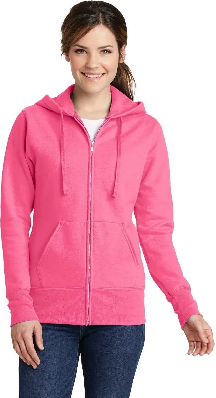 Seasonal Sale Port & Company LPC78ZH Ladies Core Fleece Full-Zip Hooded Sweatshirt - Neon Pink