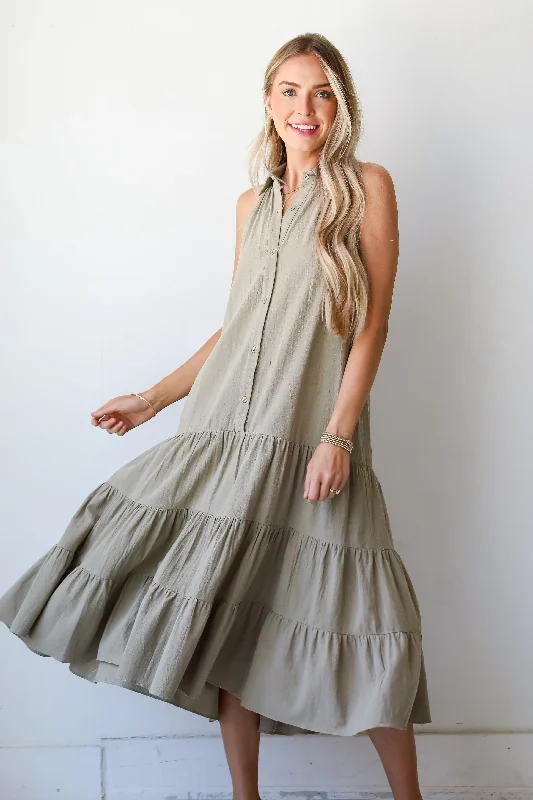 Price Meltdown FINAL SALE - Sweet Destiny Light Olive Tiered Midi Dress