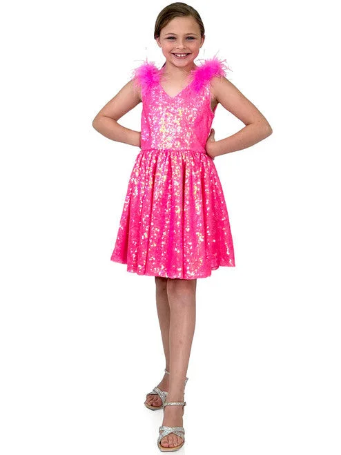 Midnight Madness Marc Defang 5147 Size 6 Barbie Pink Girls Short Sequin Feather V Neck Cocktail Dress A Line Pageant Formal Wear