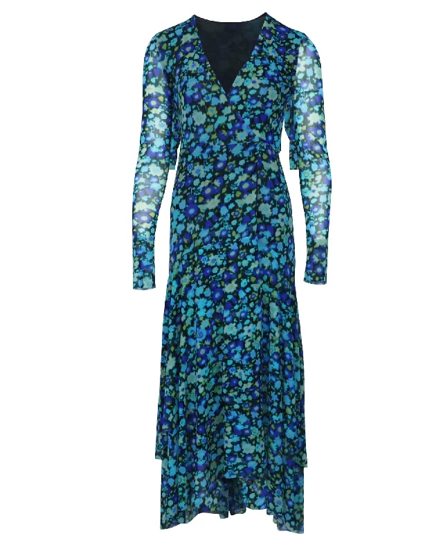 Online Specials Ganni Floral Print Mesh Wrap Dress in Blue Polyamide