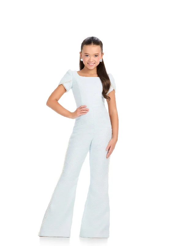 Bargain Bin Ashley Lauren Kids 8309 Size 12 Sky Tweed Pageant Jumpsuit Pearl Puff Sleeve Girls Interview Appearance