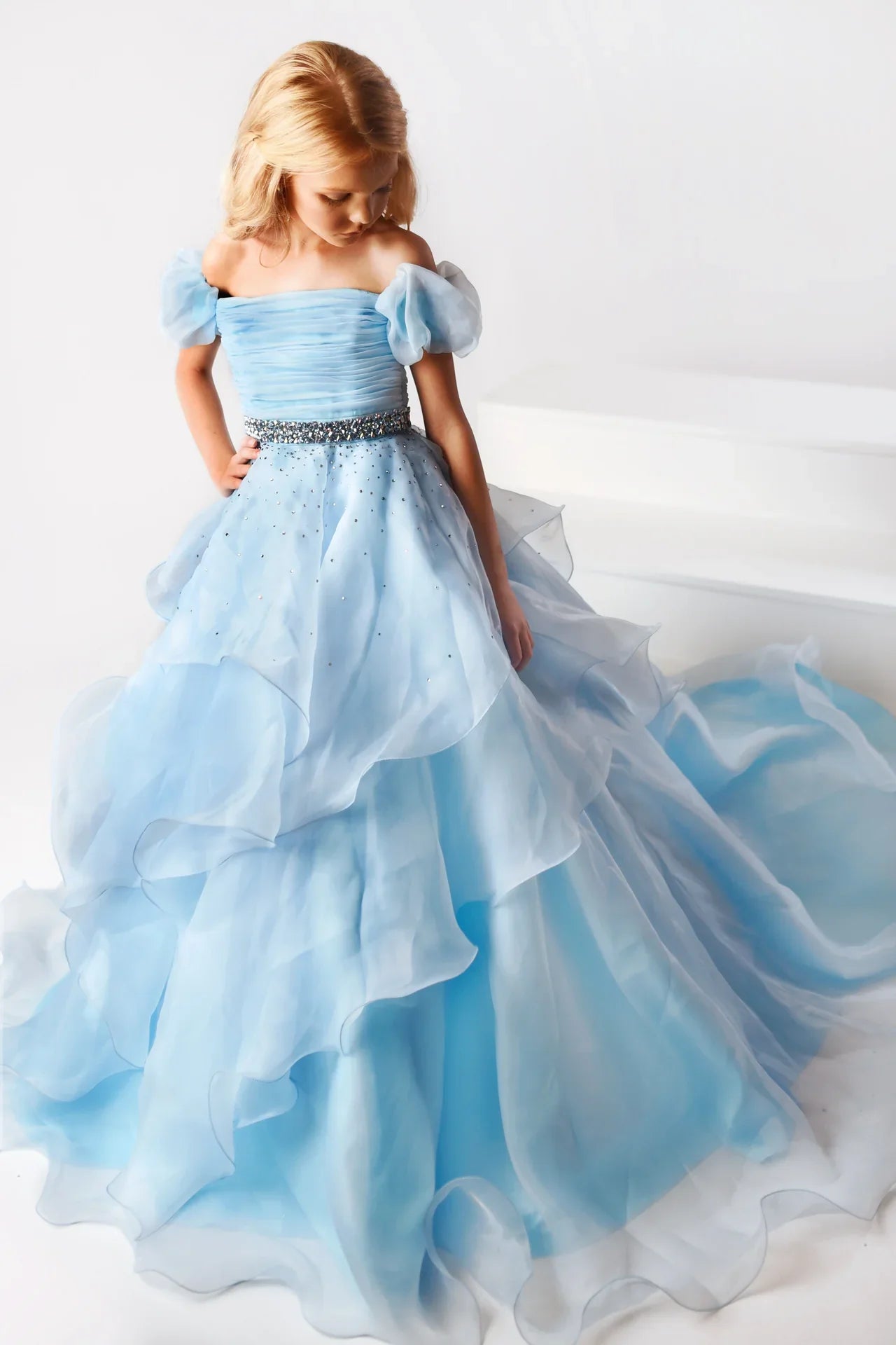 Price Drop Ava Presley 38025 Size 2 Light Blue Long Ruffle layer A Line Ballgown Girls Pageant Dress Puff Sleeve Off the Shoulder