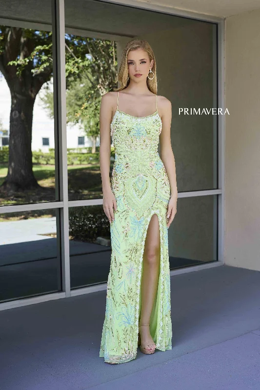 Savings Galore Primavera Couture 4156 Size 0 Apple Green Long Prom Dress Scoop Neck Fitted Sequin Lace Up Back High Slit Formal Pageant Gown