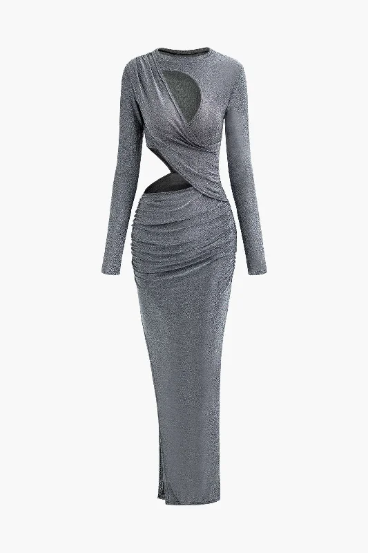 Anniversary Sale Lurex Asymmetric Cut Out Long Sleeve Maxi Dress