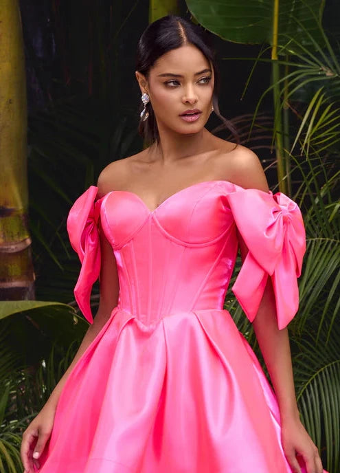 Deal Dash Ashley Lauren 11871 Size 6,12,14 Hot Pink Long Bow off the shoulder Dress Corset A Line Pageant Gown Pockets