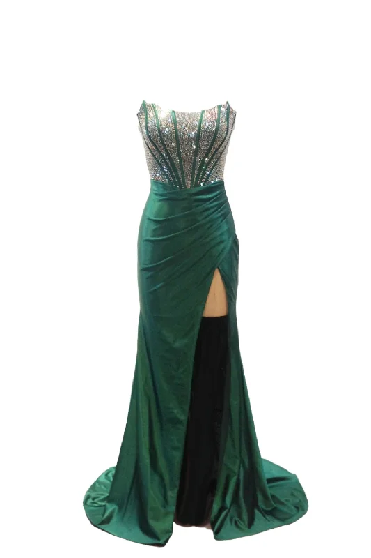 Savings Galore Abby Paris 90255 Size 2, 8 Emerald Crystal Corset Prom Dress Fitted Ruched Maxi Slit Formal Gown Strapless