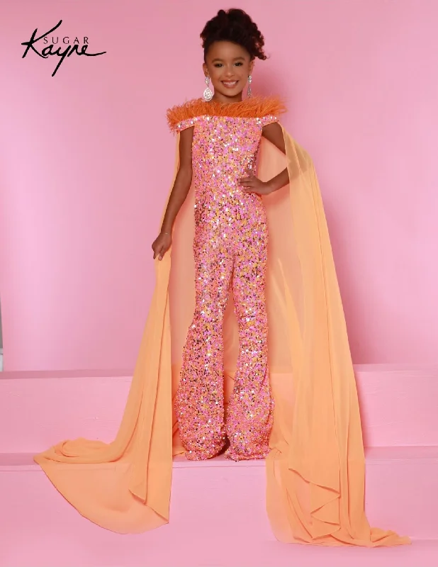 Exclusive Deal Sugar Kayne C346 Girls Size 6 Mango Tango Pageant Jumpsuit Bell Bottom Feathers Sequin Cape Fun Fashion Shimmer