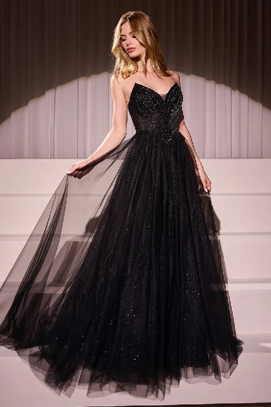 Can't Miss Ladivine CC415 Size 18 Black Sheer Beaded V Neck Corset Prom Dress A Line Shimmer Ballgown Formal Gown