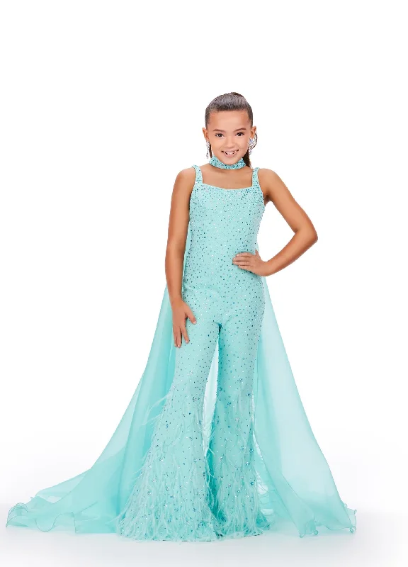 Discount Deals Ashley Lauren Kids 8210 Size 12 Aqua Pageant Jumpsuit Crystal Feather Embellished Bell Bottom Cape