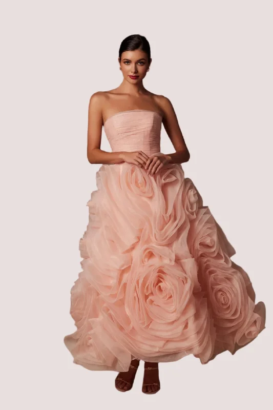 Year-End Sale Nox Anabel JQ1037 Size 8 Peach Tea Length A Line Ruffle Formal Dress Strapless Corset Organza Floral