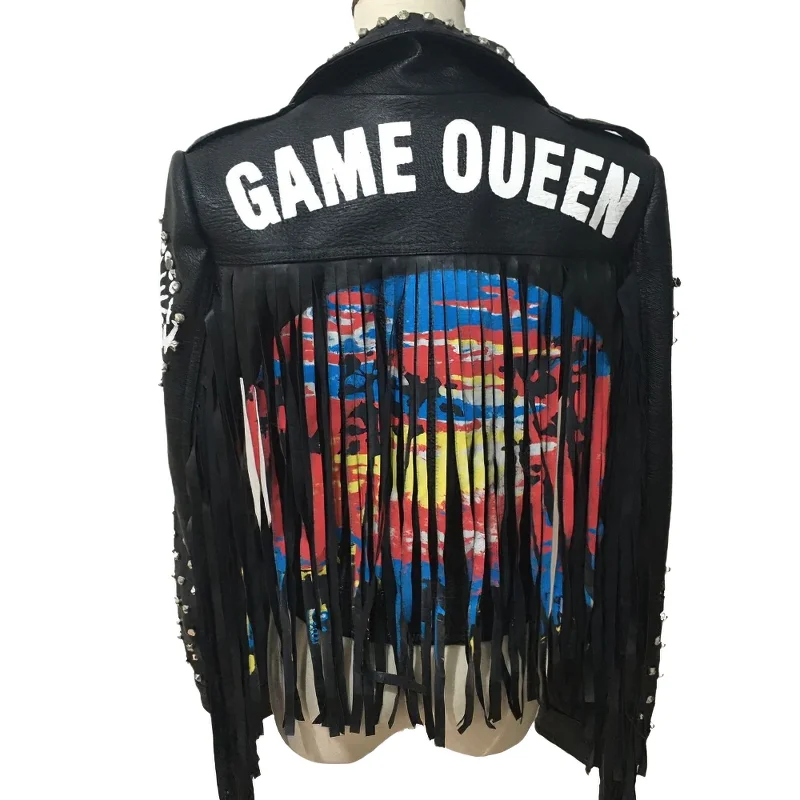 Price Smash Motorcyle Jacket with Pattern on the Back / Punk Beading Rivet PU Leather Jackets