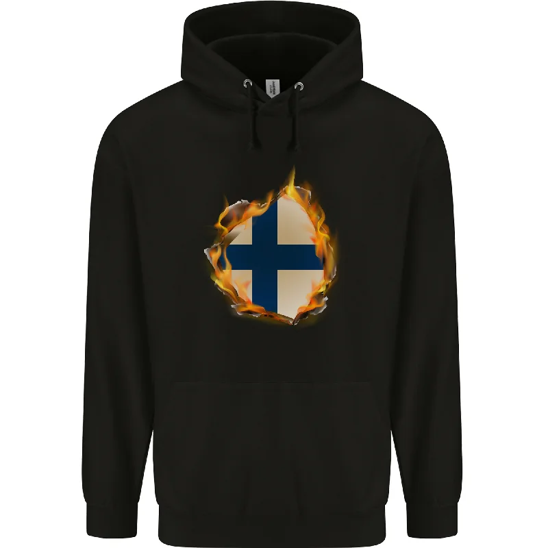 Price Smash The Finnish Flag Fire Effect Finland Mens 80% Cotton Hoodie