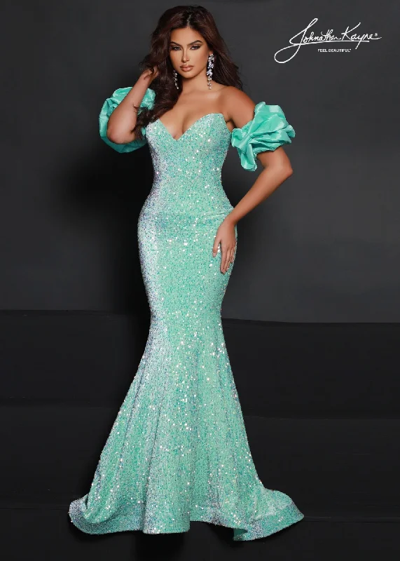 Price Fest Johnathan Kayne 2641 Size 00 Seafoam Long Velvet Sequin Mermaid Prom Dress Puff Sleeve Pageant Gown