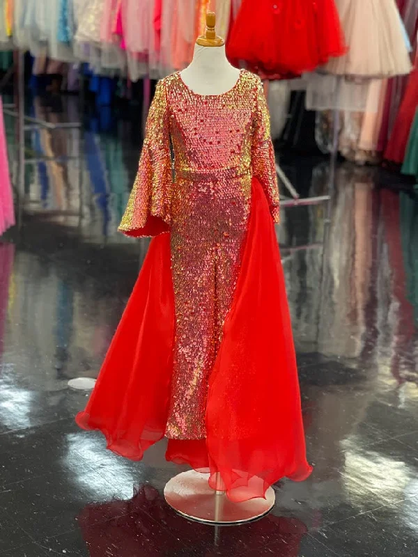 Fantastic Deals Marc Defang 8004k Size 4 Kids Red Sequin Jumpsuit Bell Sleeve Pageant Overskirt Fun Fashion