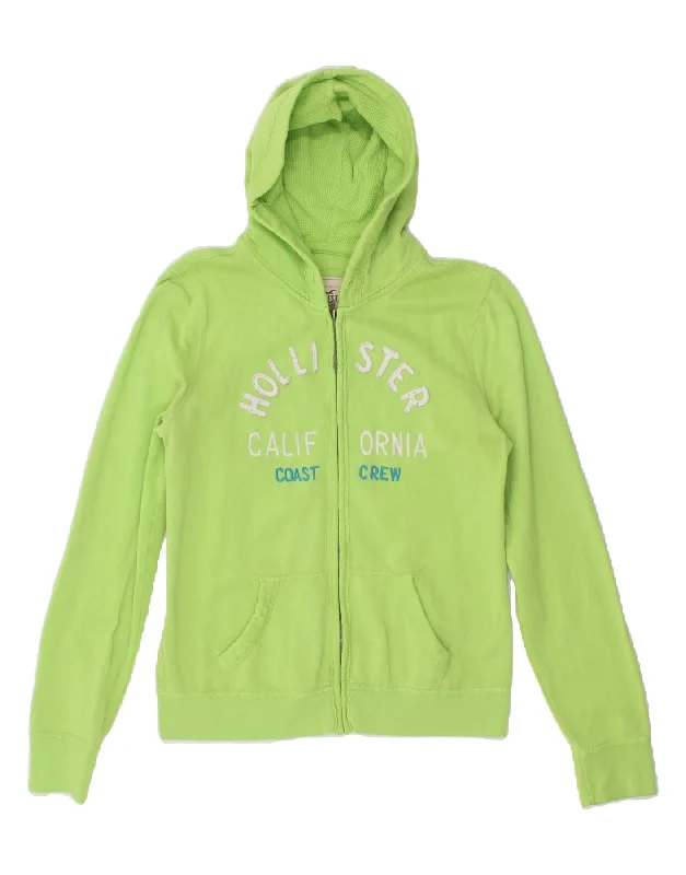Low Prices HOLLISTER Womens Graphic Zip Hoodie Sweater UK 14 Medium Green Cotton