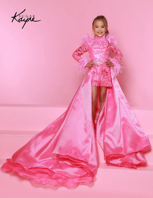 Exclusive Access Sugar Kayne C339  Girls Sequin Mesh Romper Preteen Long Sleeve Feathers Pageant Overskirt